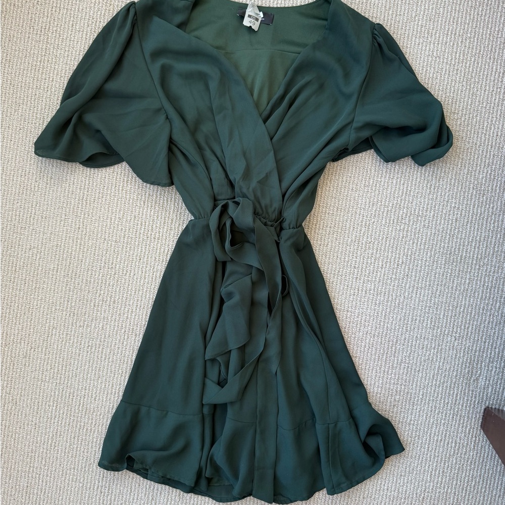 Lulus Forest Green Wrap Dress Size S Puff Sleeve Chiffon Tie Waist